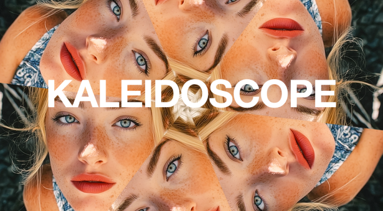 Smartphone screen showing a live kaleidoscope camera filter with vibrant symmetrical patterns.