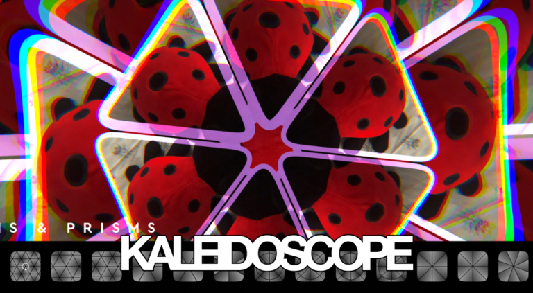 A close-up of a person looking into a kaleidoscope mirror, their face fragmented into colorful geometric shapes.